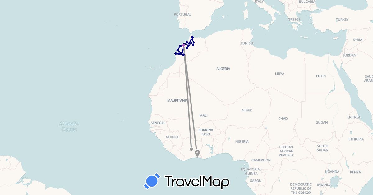 TravelMap itinerary: driving, plane, train in Côte d'Ivoire, Morocco (Africa)